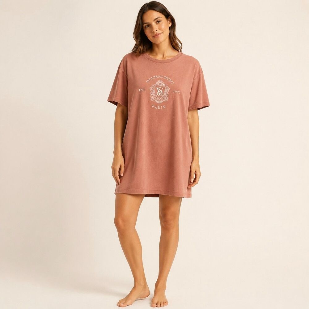Victoria’s Secret Paris Logo Sleepshirt Dress M/L Dusty Rose Cotton Oversized